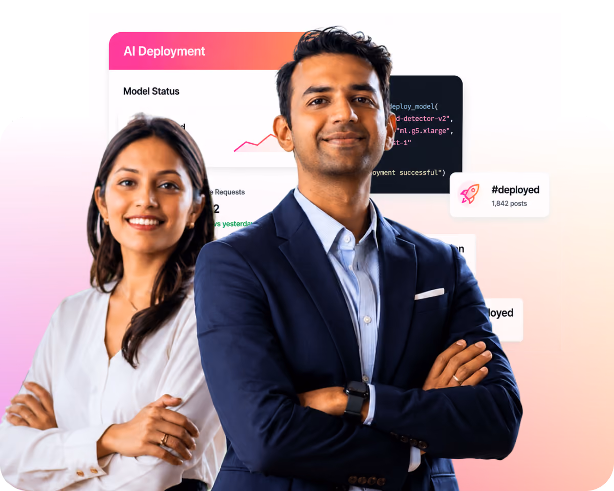 Smiling man and woman standing confidently with arms crossed in front of AI deployment status graphics.